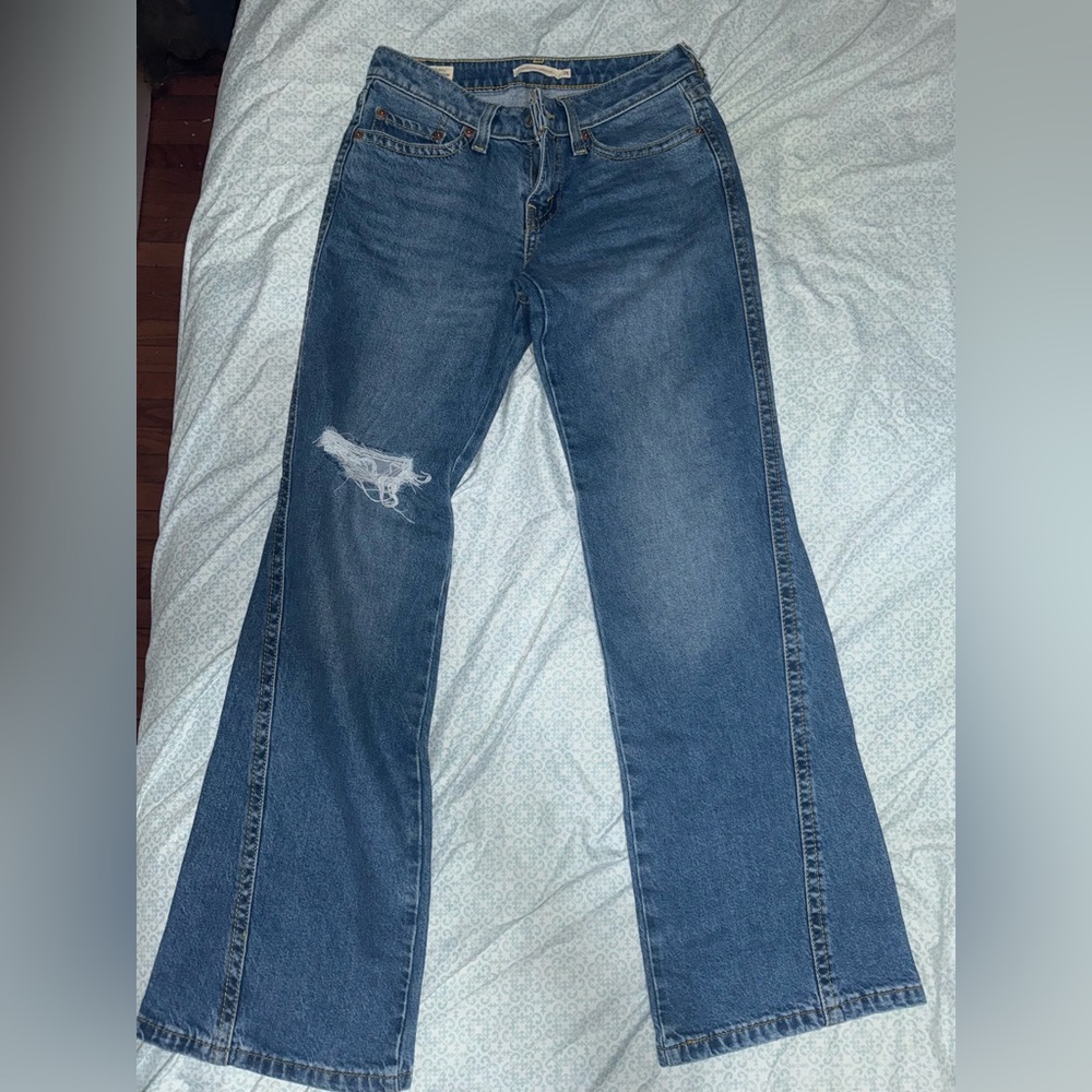 Blue Flare & Wide Leg Jeans with Distressed Detail